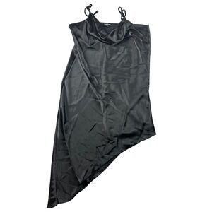 Y2K Bebe Dress Women XL Black Satin Cowlneck Midi Slim Asymmetrical USA Cocktail